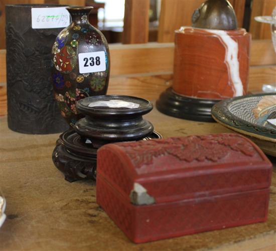 Cloisonne vase, brush pot, lacquer box and 2 stands